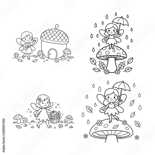 Fairies with mushrooms and acorns are depicted in a black and white vector illustration acorn autumn