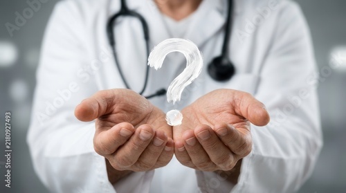 Plakat Medical professional seeks solutions, holding open hands with a white question mark painted between them.