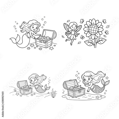 Mermaids and a fairy with a sunflower are depicted in a black and white vector illustration