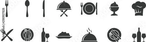 Food icons set, plate, fork, knife and spoon, set logotype menu, cutlery icon, tableware sign, catering icons, restaurant signs