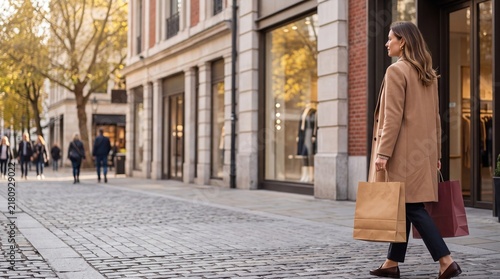 Woman Walking Down City Street with Shopping Bags