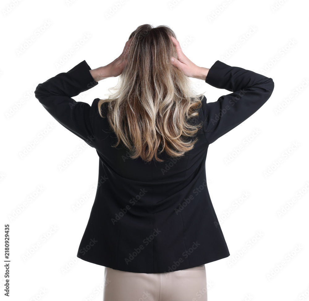Obraz premium Choice. Businesswoman in suit on white background, back view