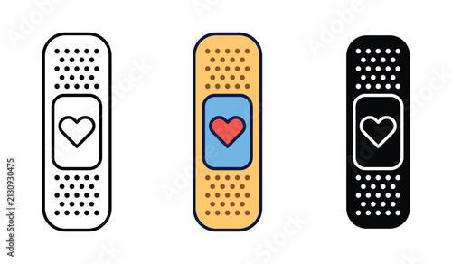 Adhesive bandage icon set with heart shape for medical care and first aid vector illustration