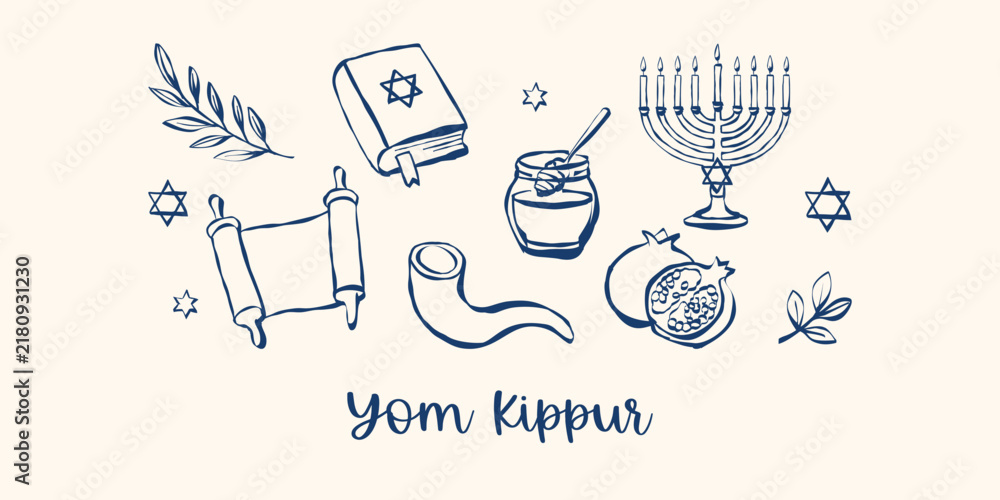 Naklejka premium Yom Kippur symbols: menorah, shofar, star of David, Torah, pomegranate, honey