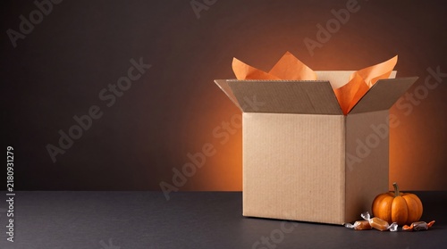 Open cardboard box with orange tissue paper, pumpkin and candies