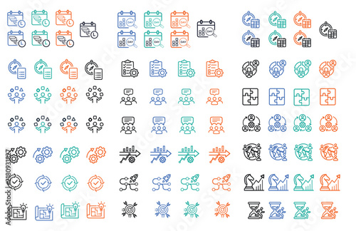 Modern Project Management Line Icons Collection – Business Planning, Workflow, Strategy & Team Development Vector Set 