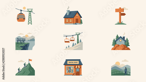 Mountain tourism icon set with cable car and alpine cabins – Ideal for ski resort websites, travel booking apps, or outdoor tourism guides