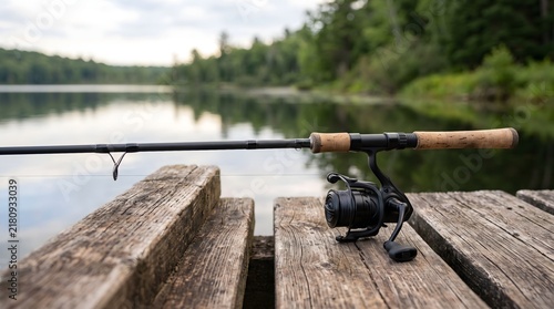A fishing rod with a spinning reel lies on a wooden pier by a calm lake. AI generated.