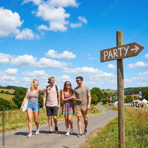 Happy Friends Walking Towards A Festive Party Destination On A Sunny Day