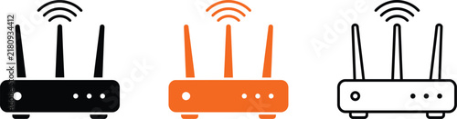 Konstfotografi Set of three wireless router icons in different styles, black silhouette, orange