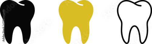 Set of three tooth icons, black silhouette, yellow filled shape, and black outline style, dental care and oral hygiene symbols, vector illustration