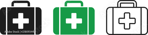 Set of medical first aid kit icons, flat and outline style, vector illustration of healthcare emergency bag for medical design elements