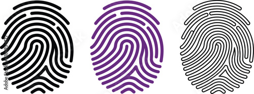 Set of three fingerprint icons in different styles, black and purple vector illustrations of human fingerprints for biometric security and identification