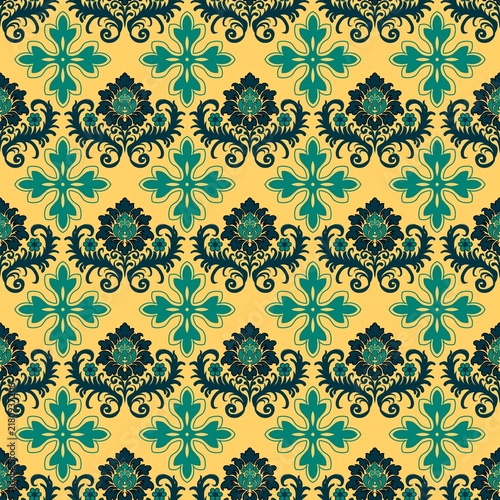 Fotografie Elegant damask pattern with teal and navy blue floral motifs on a yellow backgro