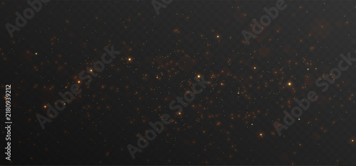 Golden glitter particles and glowing sparks. Christmas decoration texture. Luxury dark background for celebration, wedding, beauty. Branding or premium design project template. Vector illustration.