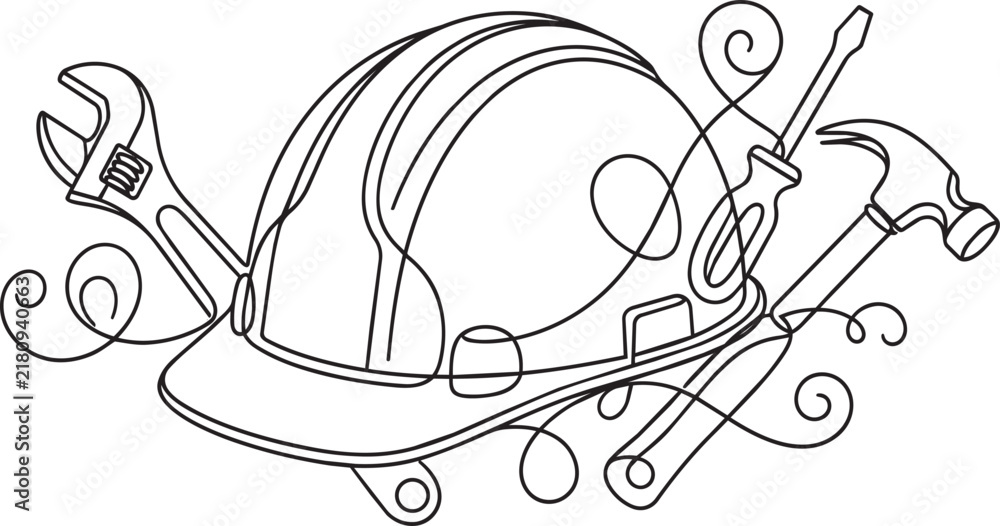 Obraz premium Continuous single line of a construction safety helmet surrounded by various repair tools including a wrench, screwdriver, and a hammer
