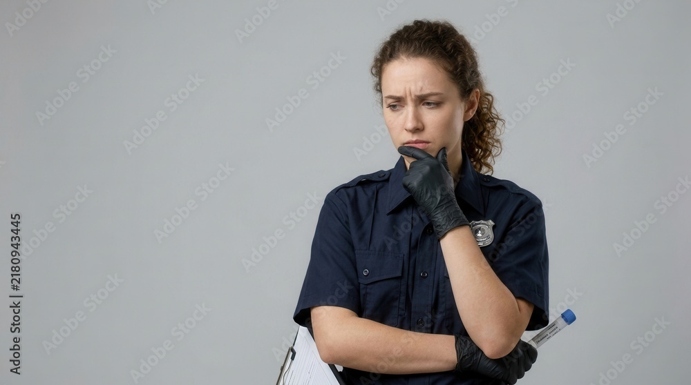 Fototapeta premium Pensive Female Investigator Deep In Thought Holding Evidence Tube