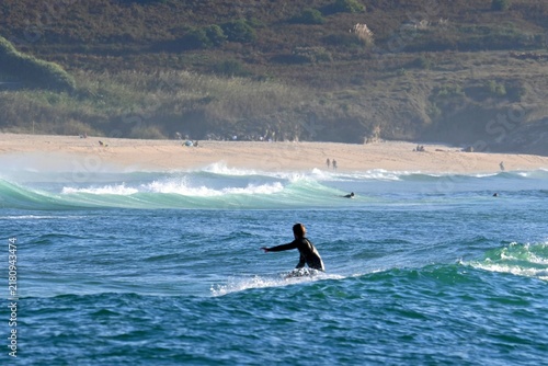 Canvas Print Surfing lifestyle and scenic ocean waves on a beach near Ferrol in Galicia, Spai