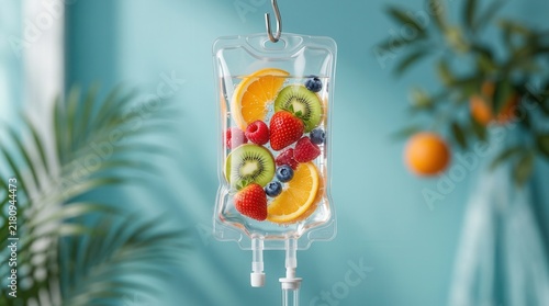 Vitamin IV drip infusion bag with fresh fruits for healthcare nutrition and hydration concept.