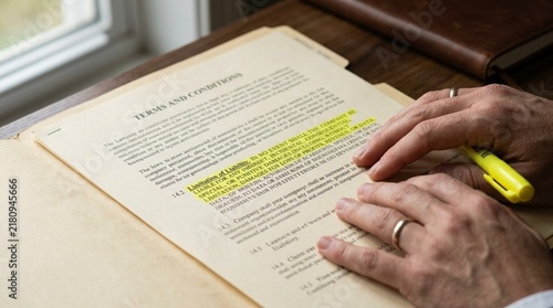 Terms and conditions printout resting beside a highlighted clause on a lawyer's desk, legal terms and compliance concept