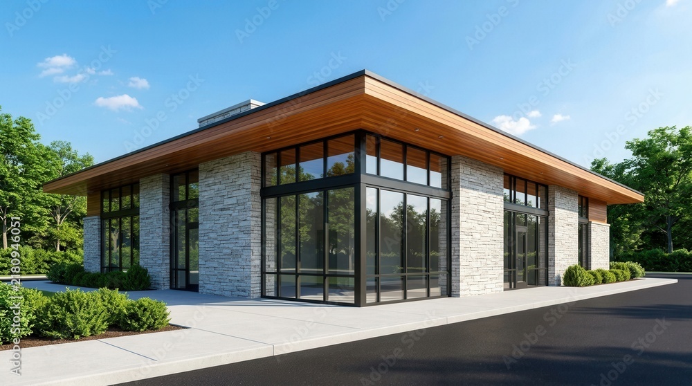 Fototapeta premium A modern commercial building exterior surrounded by green bushes and trees with large glass windows and stone facade.