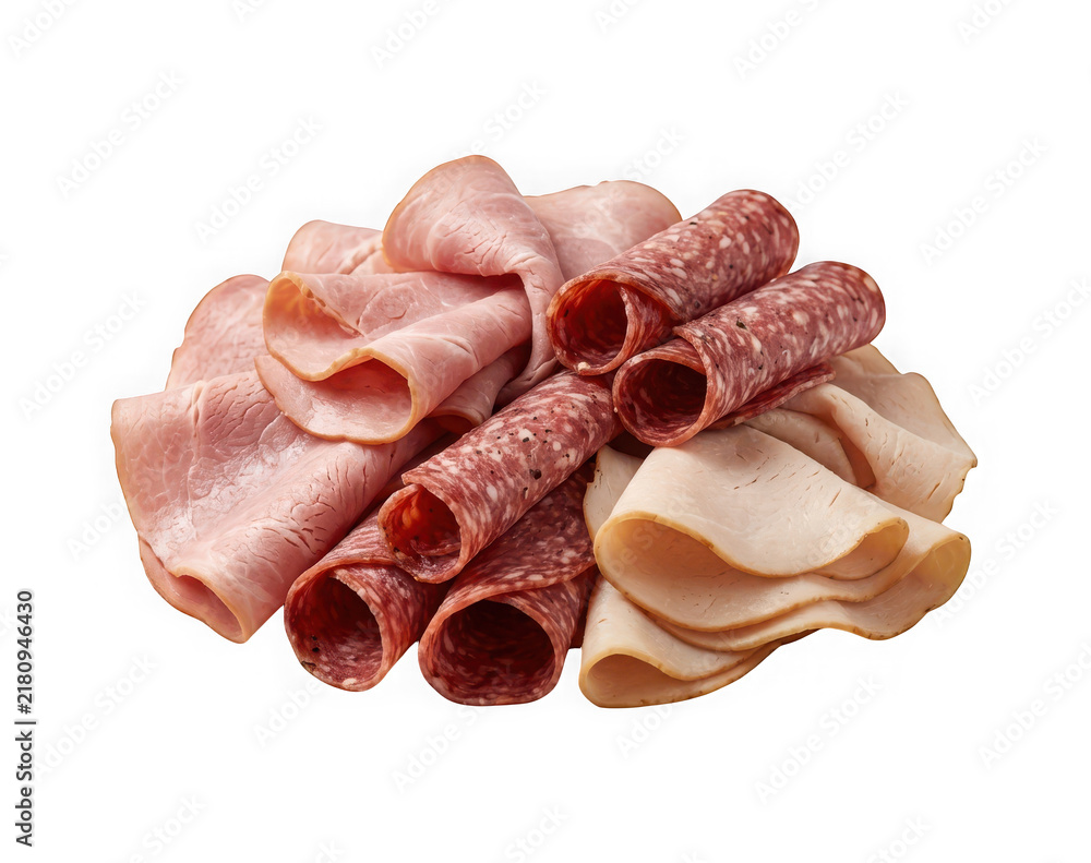 Fototapeta premium Assorted sliced deli meats including ham, salami, and turkey arranged on a transparent background