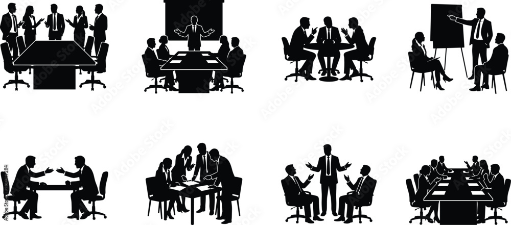 Fototapeta premium Set of black silhouettes showing business people in a corporate meeting, conference room, and professional team collaboration scenarios