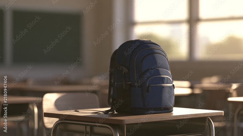 Obraz premium School bag rests on desk in empty classroom, close view.