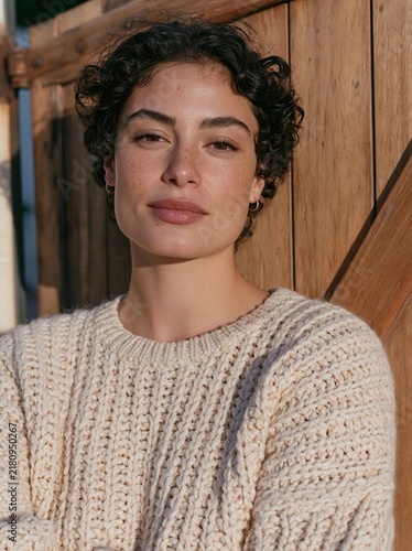 Portrait of a young woman with curly hair. she is standing in front of a wooden door with a wooden frame. the woman is wearing a beige knitted sweater and has a neutral expression on her face.