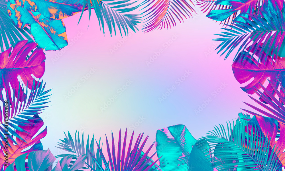 Obraz premium Frame of vibrant neon tropical leaves against color gradient background, banner design. Space for text