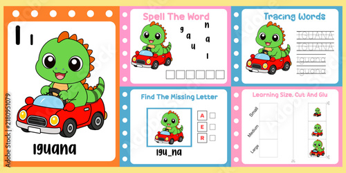 worksheets pack for kids a little iguana vector
