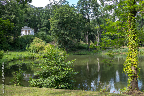 Lake and Temple of the Sibyl in Łazienki Park in Warsaw, Poland