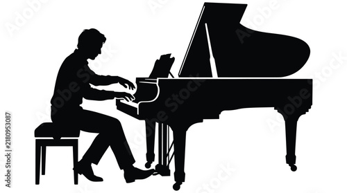 Принти на полотні Black silhouette of a pianist playing a grand piano on a white background