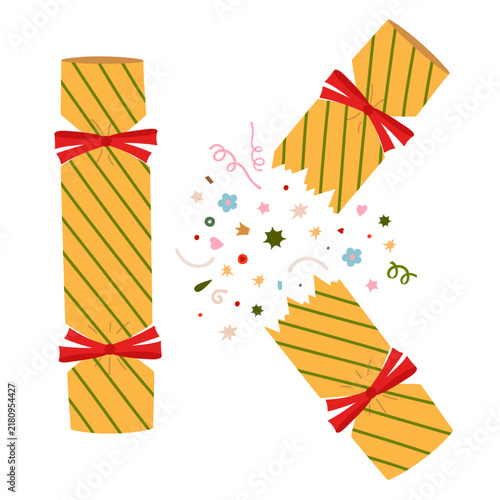 Christmas cracker with colorful wrappers and red ribbon bow, traditional festive winter holiday decor element for xmas party, seasonal greetings, celebration designs, new year event graphics