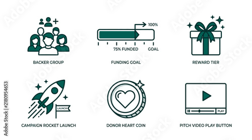 Crowdfunding concept icon set illustrates backer group goal rocket launch and reward tier elements.