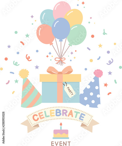 Colorful party celebration composition with gift and balloons vector illustration