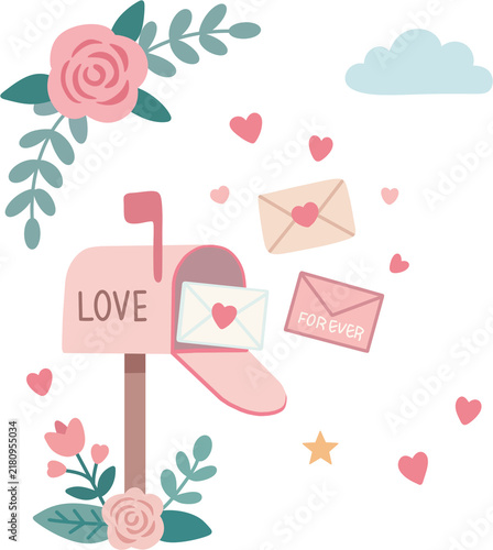 Romantic love mailbox surrounded by roses and floating letters vector illustration