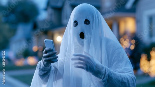 Astonished ghost looking at his cell phone