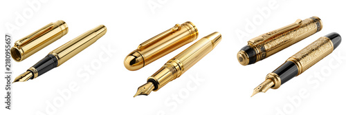 Set of Elegant gold fountain pen standing upright on a clean white surface, polished metallic body on transparent png background. Ai generated