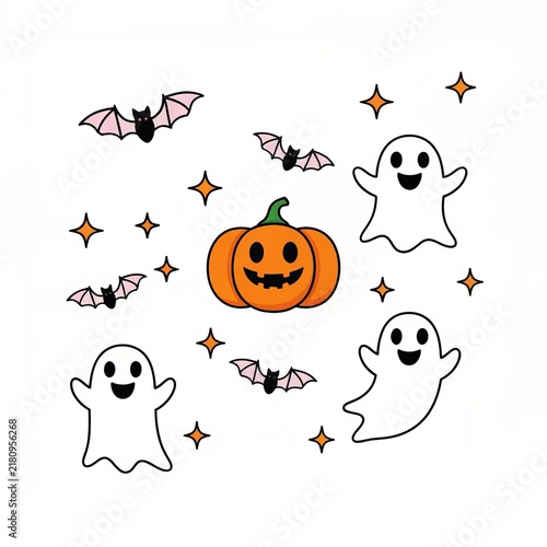 Enchanting Halloween Celebration Scene Featuring Cute Ghosts, Bats, Pumpkins, and Sparkling Stars