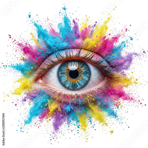 Closeup of a human eye surrounded by a vibrant explosion of colorful powder isolated on transparent background