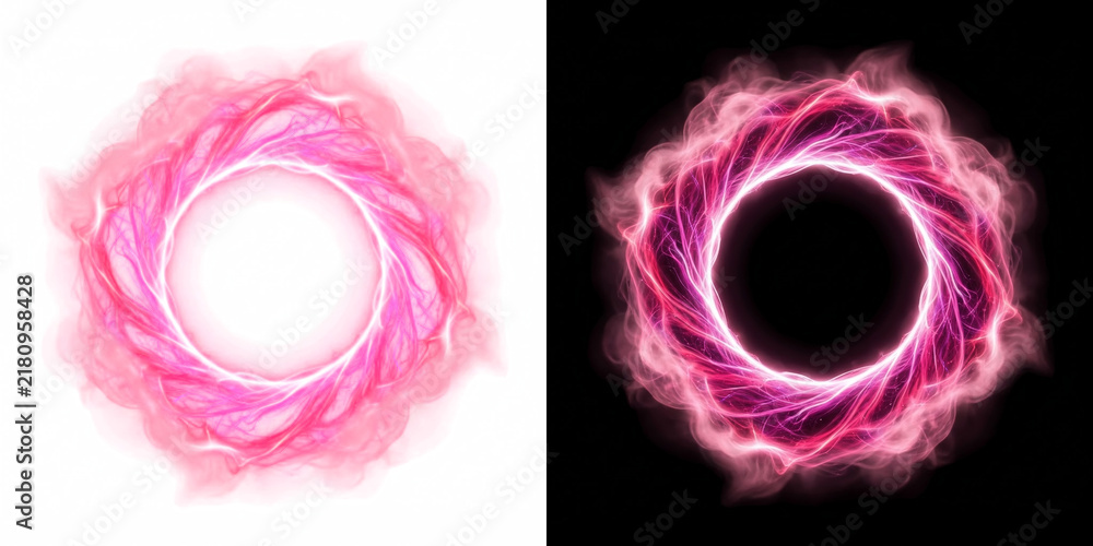 Obraz premium Magenta energy ring with glowing plasma tendrils, luminous smoke portal effect overlay isolated on transparent background