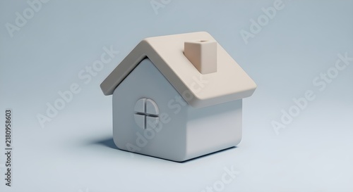 Stylized 3D house model with cross symbol and subtle gradient shadows on a light blue backdrop.