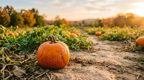 Single ripe pumpkin in fall harvest field at golden hour with sunlight, seasonal