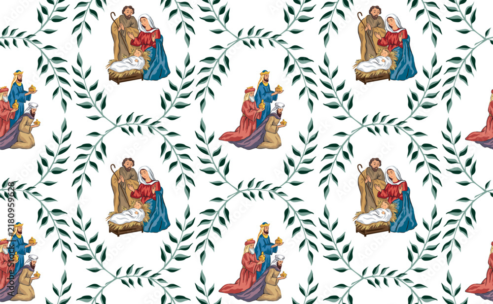Fototapeta premium Christmas Nativity Scene of Baby Jesus with Mary and Joseph, three kings with gifts wreath seamless pattern. 