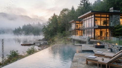 Modern Luxury Lakeside Villa with Infinity Pool at Sunrise.