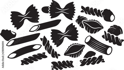 Assorted Italian pasta shapes black silhouette icons for traditional restaurant menus and packaging designs.