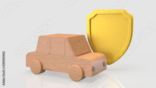 Wooden Toy Car Protected by Golden Shield 3d render.