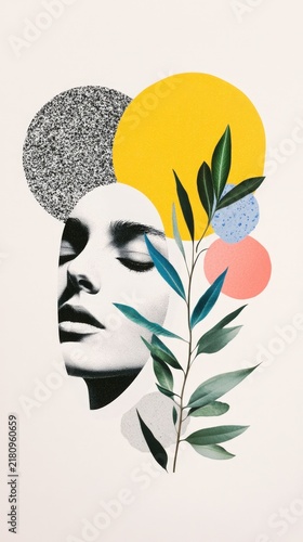 Contemporary Art Illustration Featuring a Serene Face Surrounded by Colorful Shapes and Nature Elements
