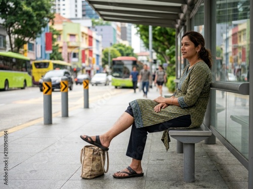 Asian woman sitting at bus stop wearing green dress and sandals, city street with buses in background